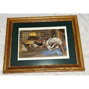 VTG Randy McGovern “Wranglers” Signed Framed Dog Art Western Cowboy Cabin Decor